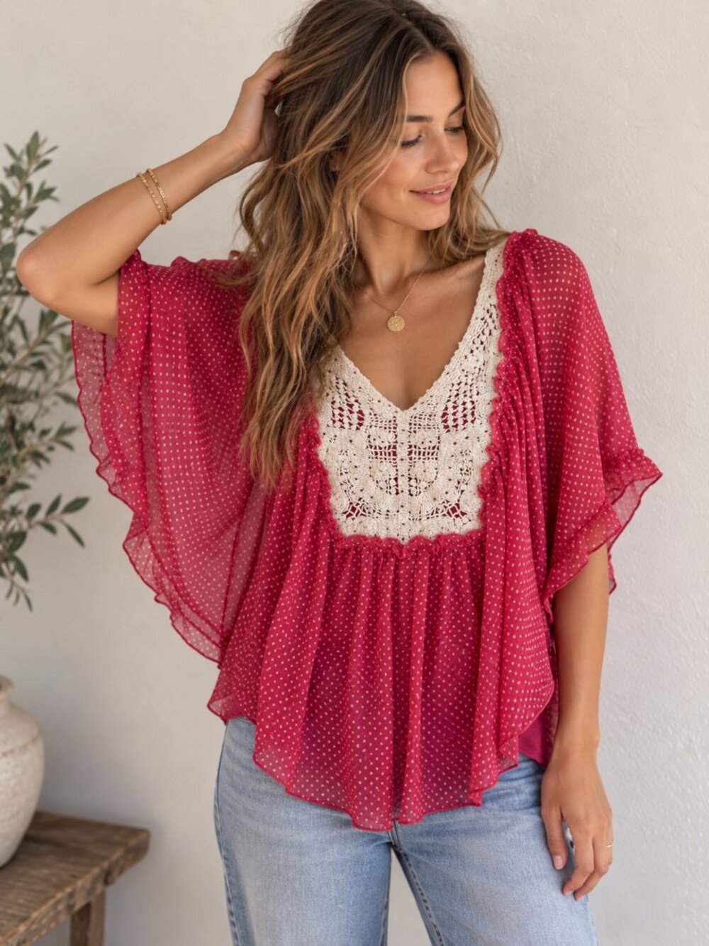 About a Girl Fuschia Crochet Polka Dot Boho Flutter Sleeve Blouse Top Size M